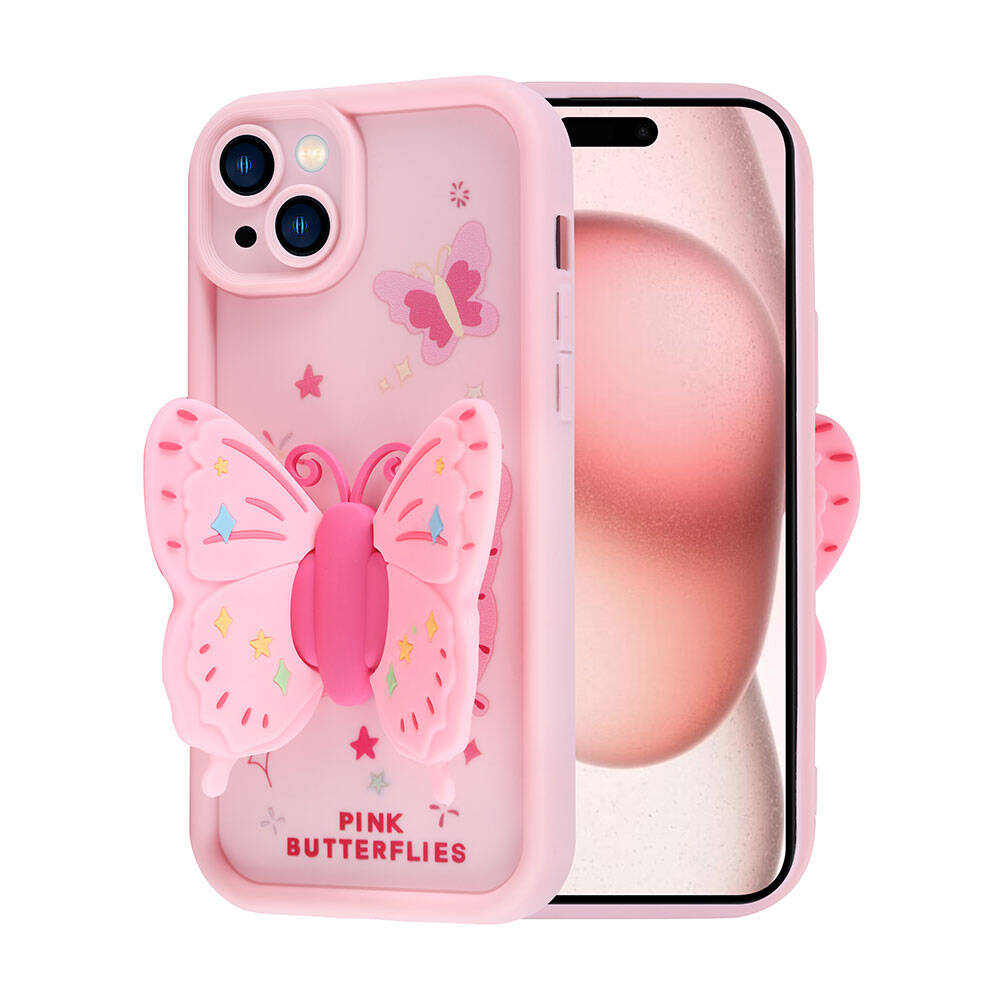 Apple iPhone 15 Kılıf Kamera Korumalı Figür Tasarımlı Zore Kapya Kapak Pembe Açık
