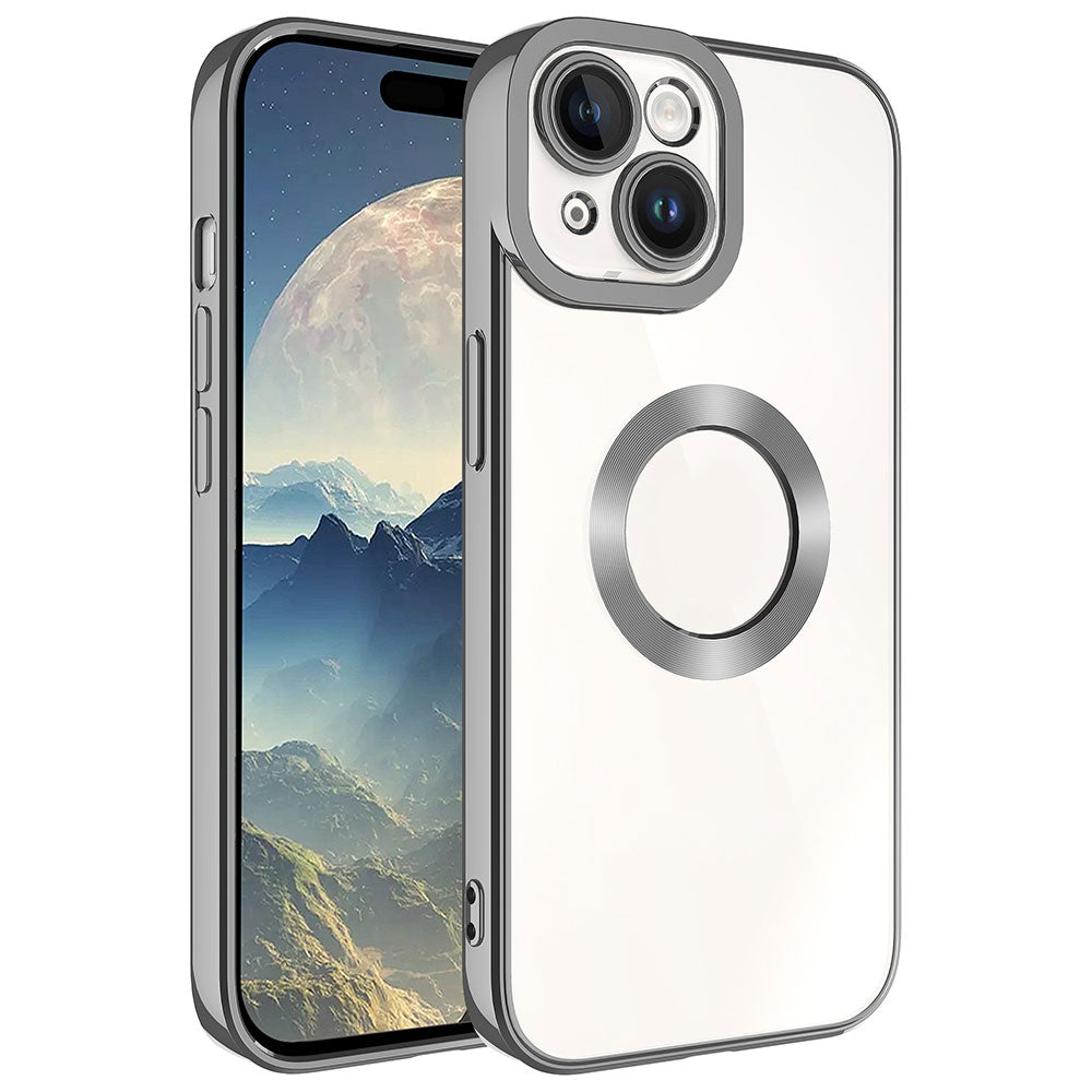 Apple iPhone 15 Kılıf Kamera Korumalı Logo Gösteren Zore Omega Kapak Gümüş
