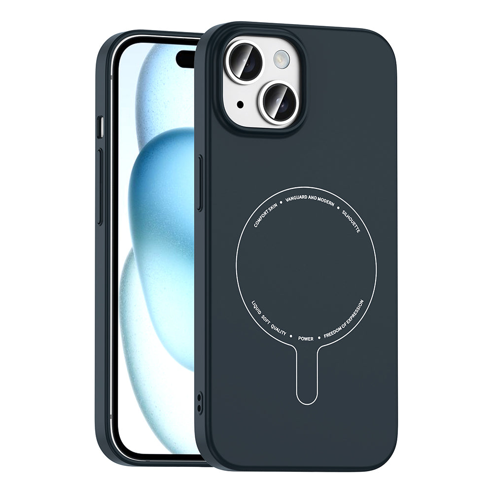 Apple iPhone 15 Kılıf M-Safe Şarj Özellikli Kamera Korumalı Zore Elio Sert PC Kapak Lacivert