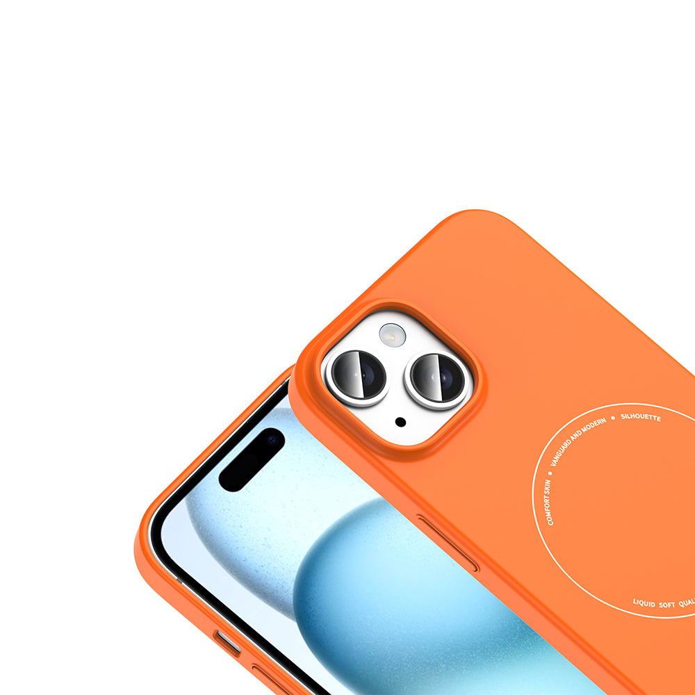 Apple iPhone 15 Kılıf M-Safe Şarj Özellikli Kamera Korumalı Zore Elio Sert PC Kapak Turuncu
