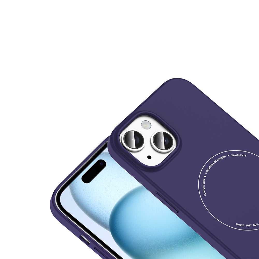 Apple iPhone 15 Kılıf M-Safe Şarj Özellikli Kamera Korumalı Zore Elio Sert PC Kapak Derin Mor