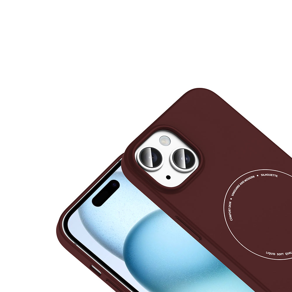 Apple iPhone 15 Kılıf M-Safe Şarj Özellikli Kamera Korumalı Zore Elio Sert PC Kapak Bordo