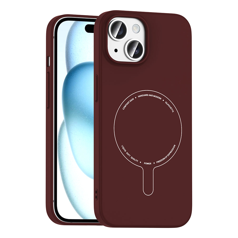 Apple iPhone 15 Kılıf M-Safe Şarj Özellikli Kamera Korumalı Zore Elio Sert PC Kapak Bordo