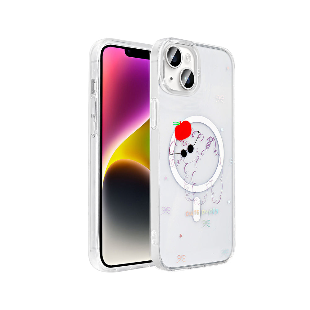 Apple iPhone 15 Kılıf M-Safe Şarj Özellikli Şeffaf Zore Folk Sert Kapak Kalp