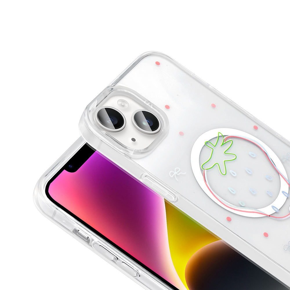 Apple iPhone 15 Kılıf M-Safe Şarj Özellikli Şeffaf Zore Folk Sert Kapak Çilek