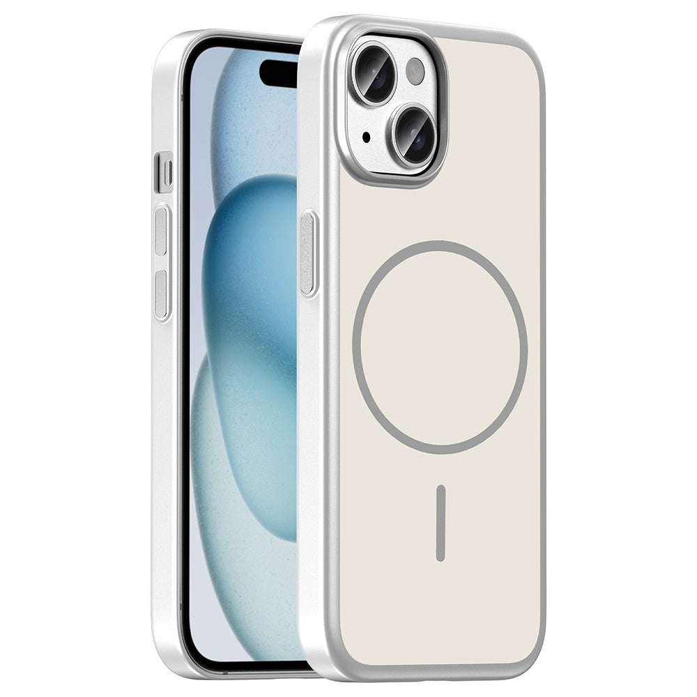 Apple iPhone 15 Kılıf M-Safe Şarj Özellikli Zore Lora PC Kapak Gümüş