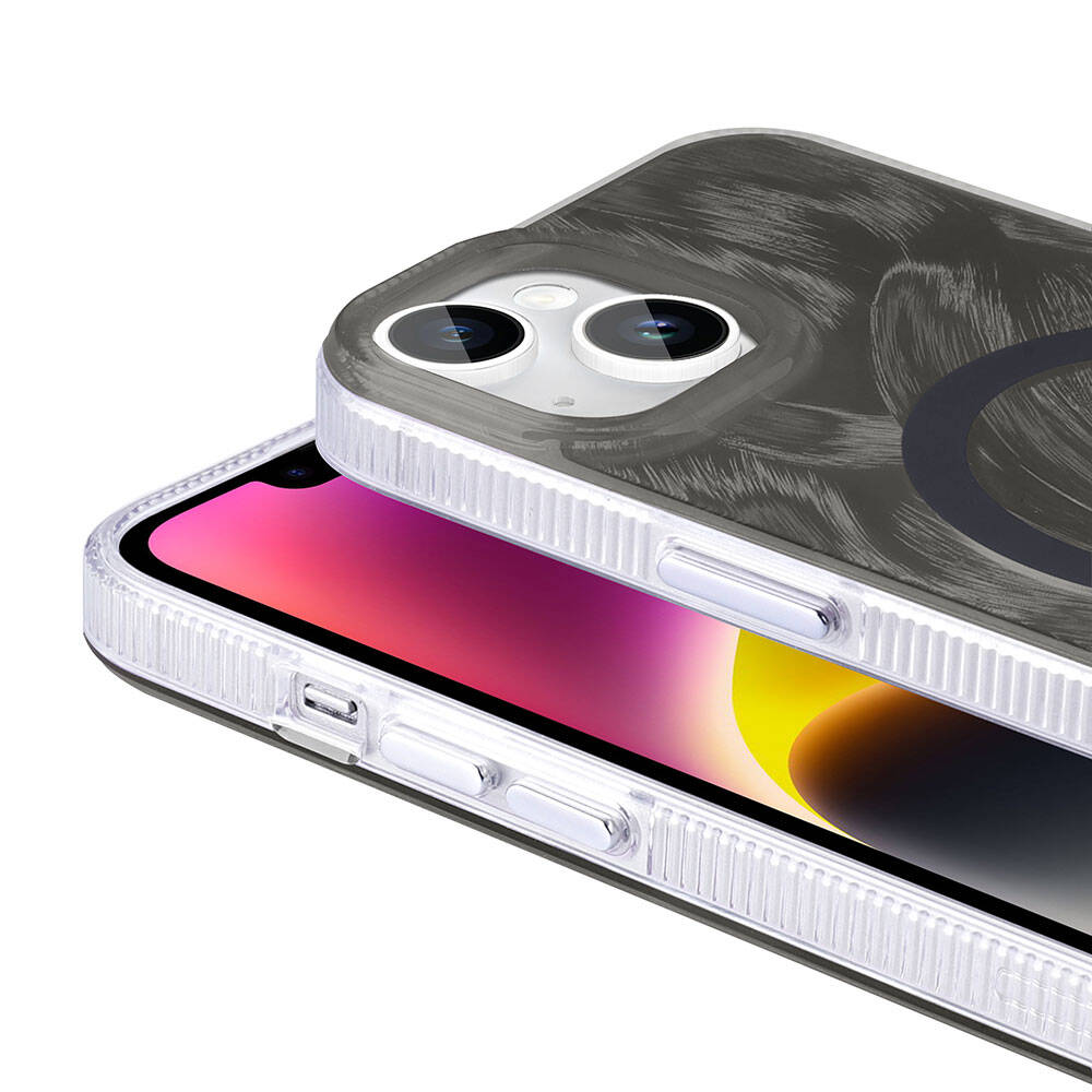 Apple iPhone 15 Kılıf M-safe Şarj Özellikli Fırça Boya Desenli Zore Palet Kapak Mor