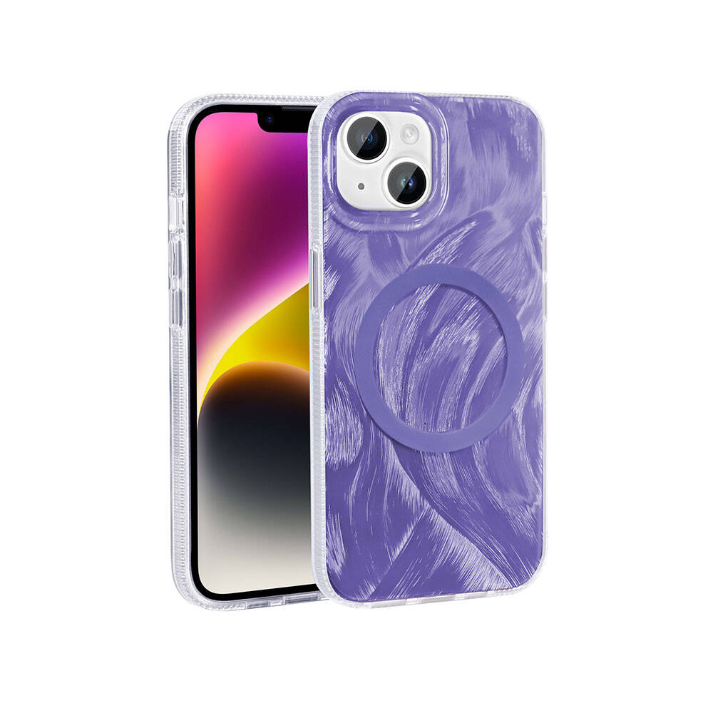 Apple iPhone 15 Kılıf M-safe Şarj Özellikli Fırça Boya Desenli Zore Palet Kapak Mor