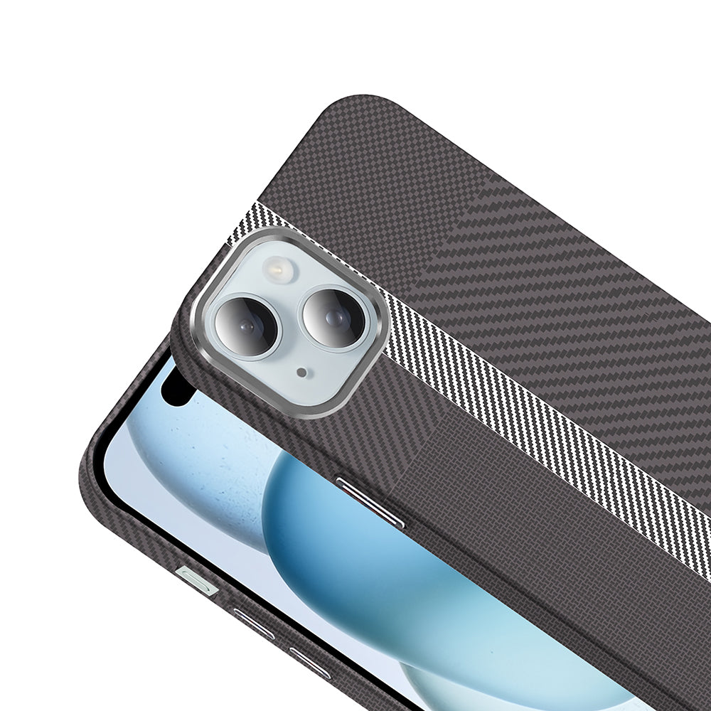 Apple iPhone 15 Kılıf M-safe Şarj Özellikli Karbon Fiber Görünümlü Zore Gros Kapak Gri-Siyah