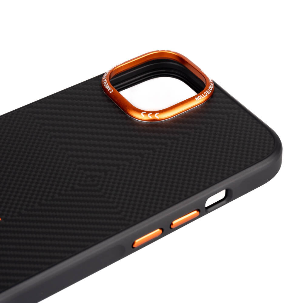 Apple iPhone 15 Kılıf M-safe Şarj Özellikli Karbon Fiber Görünümlü Zore Kamp Kapak Turuncu