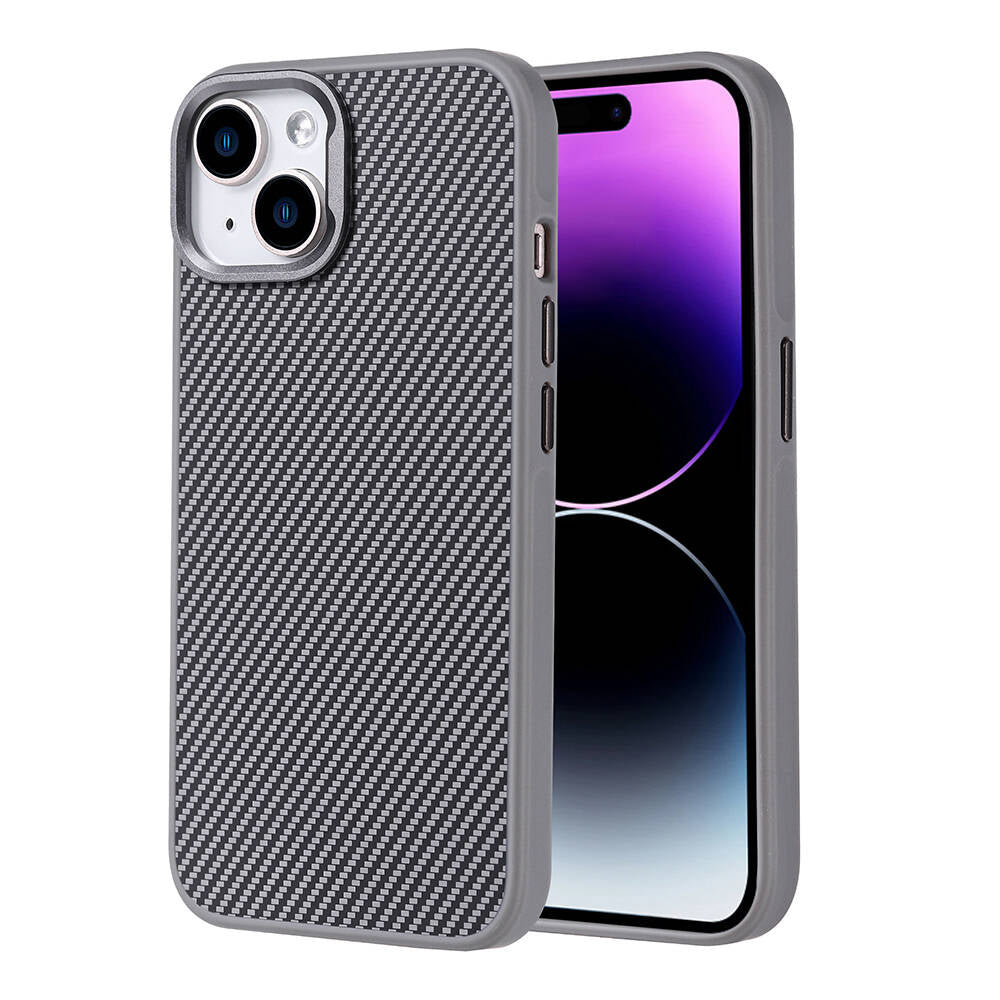 Apple iPhone 15 Kılıf M-safe Şarj Özellikli Karbon Fiber Görünümlü Zore Troy Kapak Gümüş