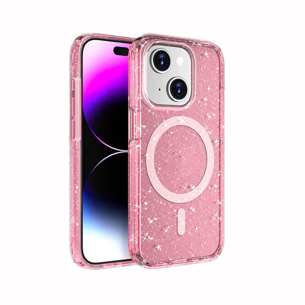 Apple iPhone 15 Kılıf M-safe Şarj Özellikli Parlayan Simli Saydam Renkli Zore Allstar Kapak Pembe