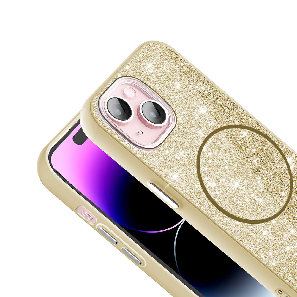 Apple iPhone 15 Kılıf M-safe Şarj Özellikli Parlayan Simli Zore Okso Kapak Pembe