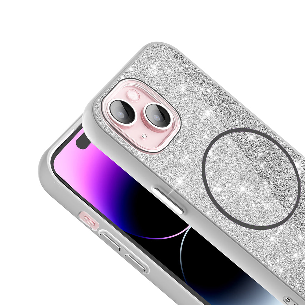 Apple iPhone 15 Kılıf M-safe Şarj Özellikli Parlayan Simli Zore Okso Kapak Derin Mor