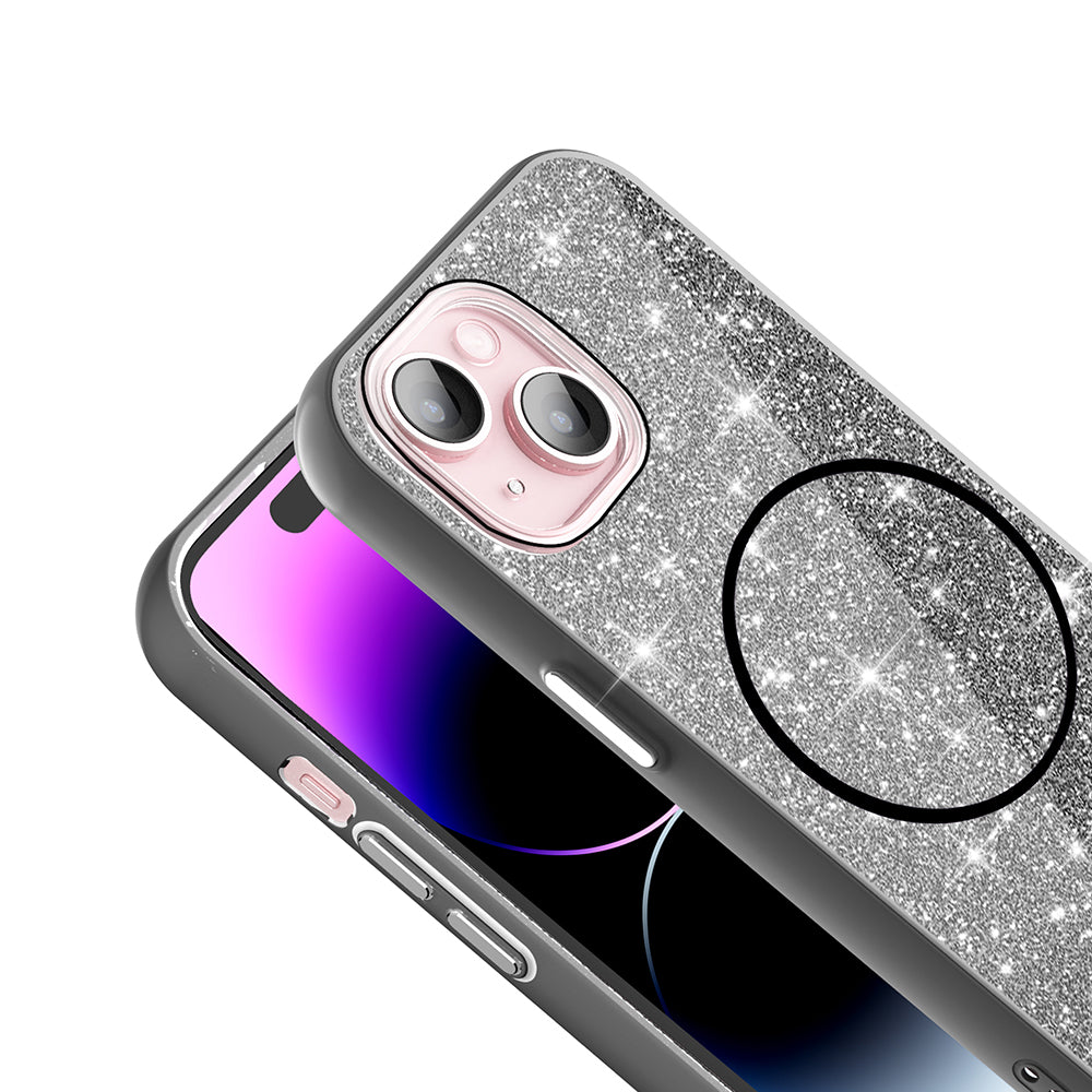 Apple iPhone 15 Kılıf M-safe Şarj Özellikli Parlayan Simli Zore Okso Kapak Derin Mor