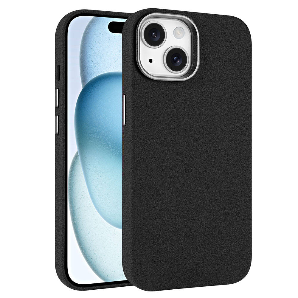 Apple iPhone 15 Kılıf M-safe Şarj Özellikli PU Deri Zore Adora Kapak Siyah