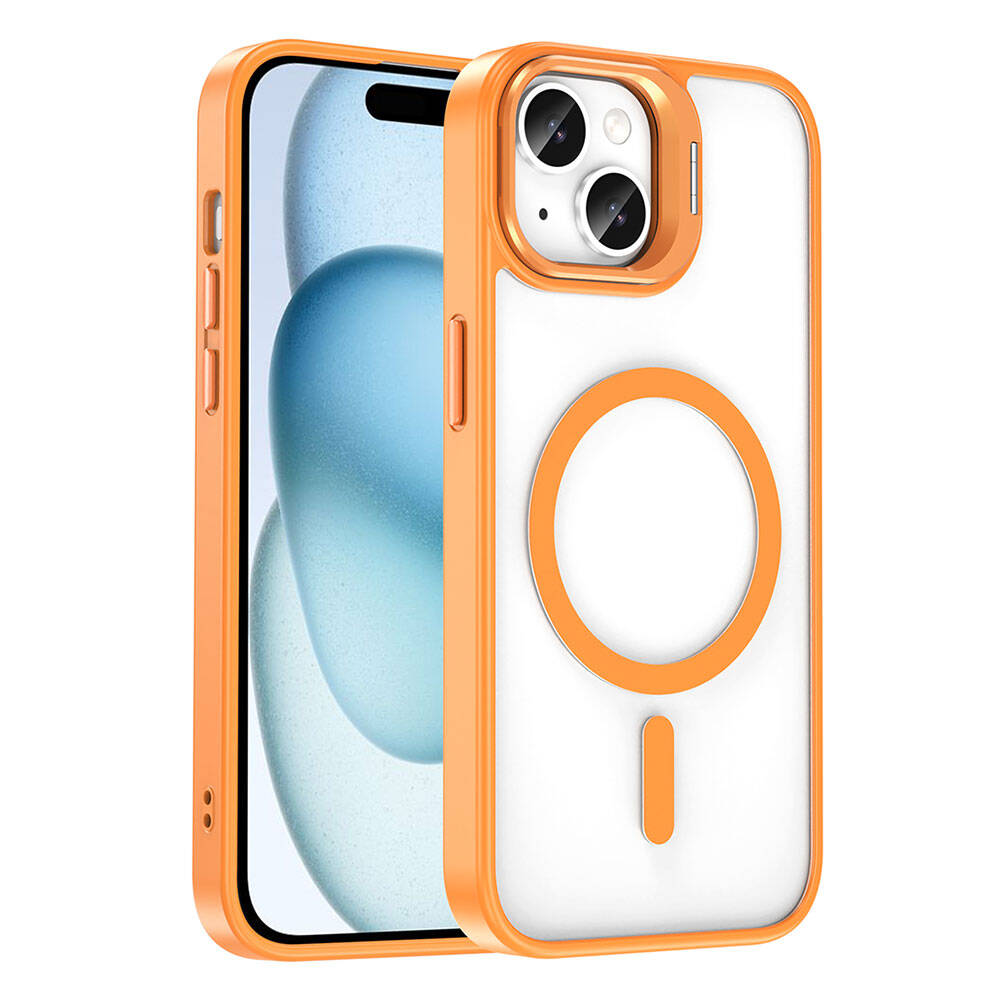 Apple iPhone 15 Kılıf M-safe Şarj Özellikli Standlı Zore M-safe Klon Lensli Kapak Turuncu