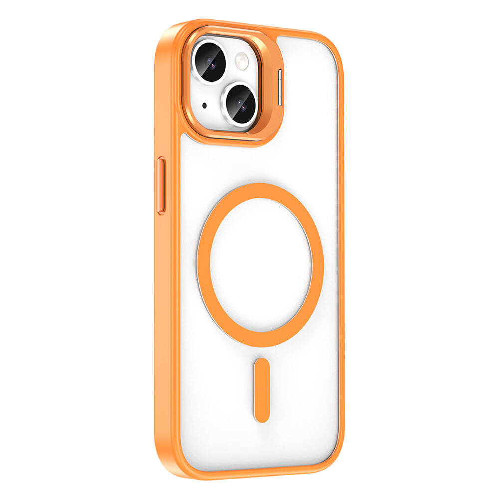 Apple iPhone 15 Kılıf M-safe Şarj Özellikli Standlı Zore M-safe Klon Lensli Kapak Turuncu