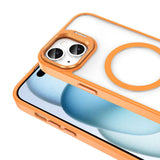 Apple iPhone 15 Kılıf M-safe Şarj Özellikli Standlı Zore M-safe Klon Lensli Kapak Turuncu
