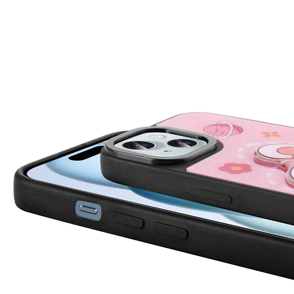 Apple iPhone 15 Kılıf Parlayan Kabartmalı İkonik Figürlü Zore Amas Silikon Kapak Siyah
