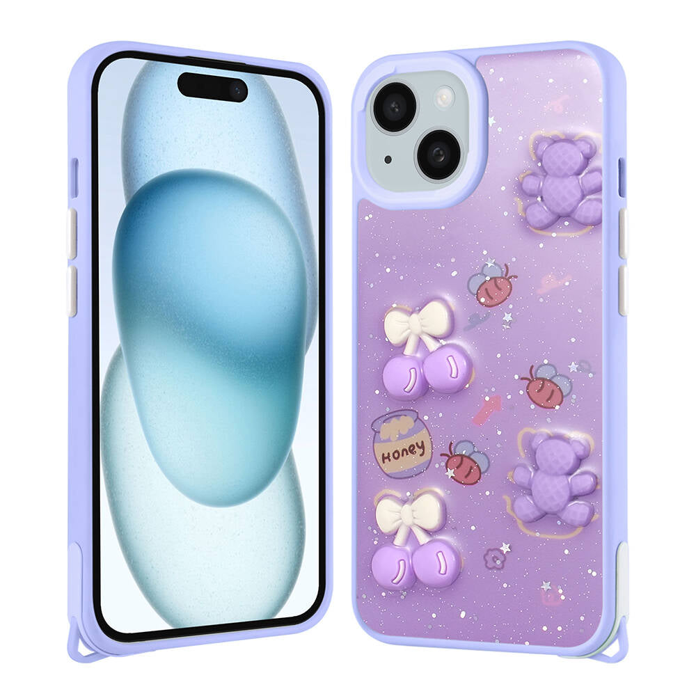Apple iPhone 15 Kılıf Parlayan Simli Kabartma Figürlü Zore Cevze Kapak Mor Papatya