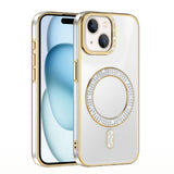 Apple iPhone 15 Kılıf Pırlanta Taş Tasarımlı M-safe Şarj Özellikli Zore Karetta Silikon Kapak Gold