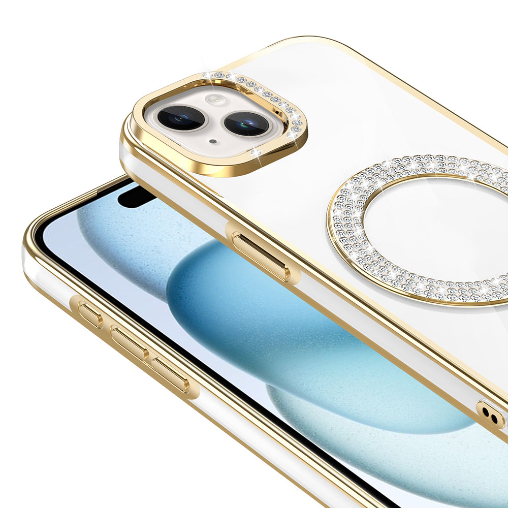 Apple iPhone 15 Kılıf Pırlanta Taş Tasarımlı M-safe Şarj Özellikli Zore Karetta Silikon Kapak Gold
