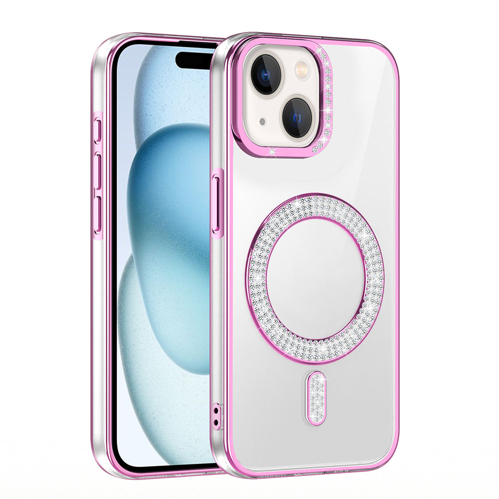 Apple iPhone 15 Kılıf Pırlanta Taş Tasarımlı M-safe Şarj Özellikli Zore Karetta Silikon Kapak Rose Gold