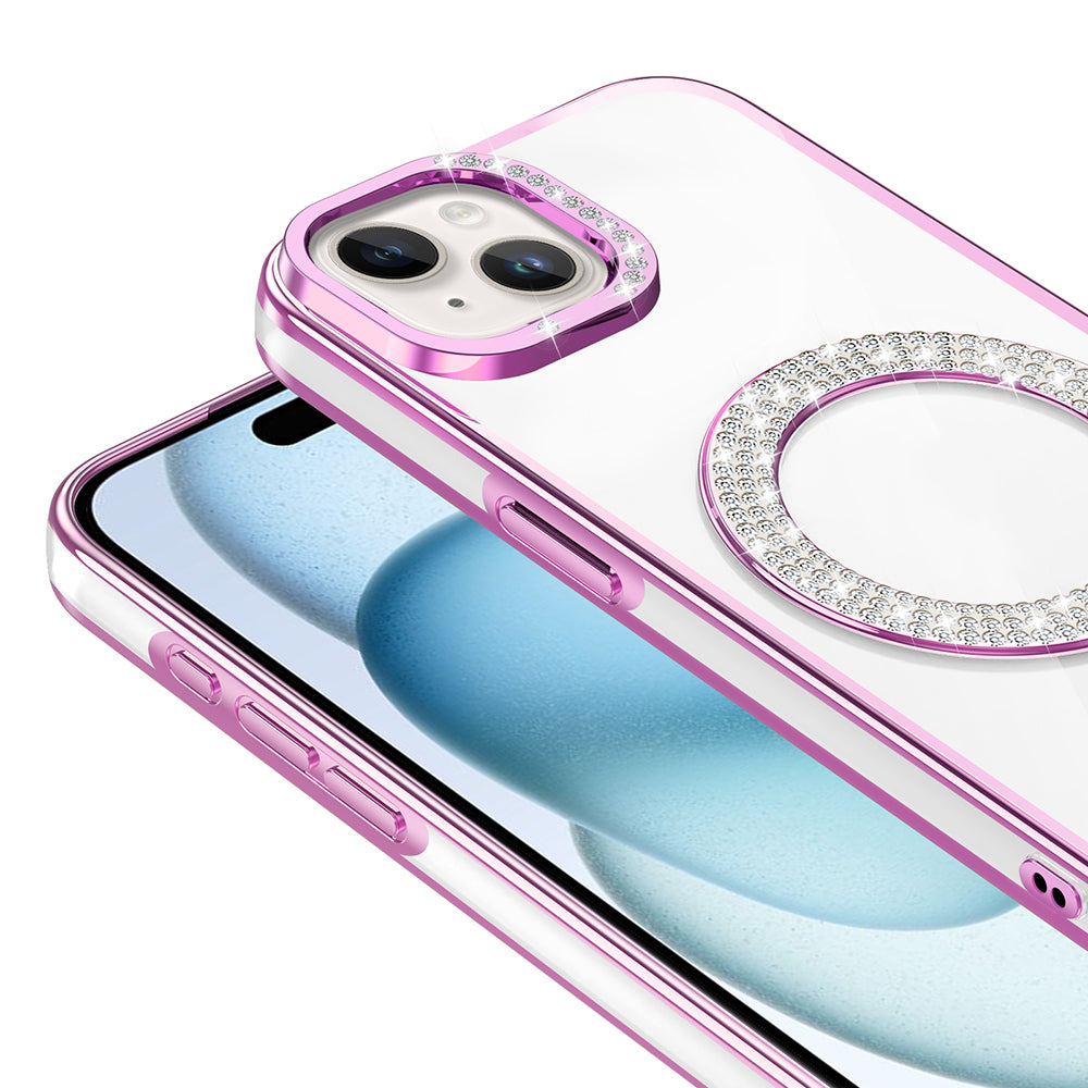 Apple iPhone 15 Kılıf Pırlanta Taş Tasarımlı M-safe Şarj Özellikli Zore Karetta Silikon Kapak Mavi