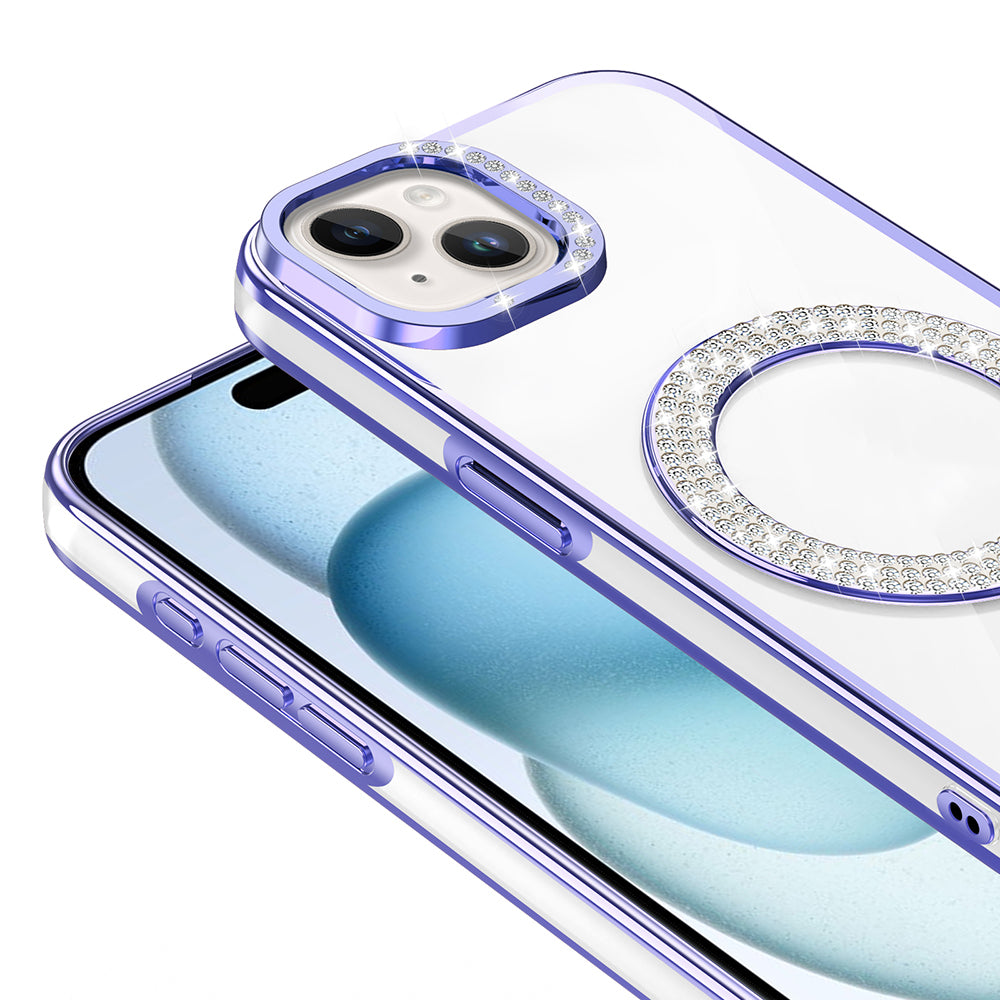 Apple iPhone 15 Kılıf Pırlanta Taş Tasarımlı M-safe Şarj Özellikli Zore Karetta Silikon Kapak Gümüş