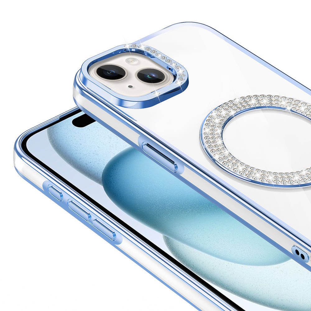 Apple iPhone 15 Kılıf Pırlanta Taş Tasarımlı M-safe Şarj Özellikli Zore Karetta Silikon Kapak Gold