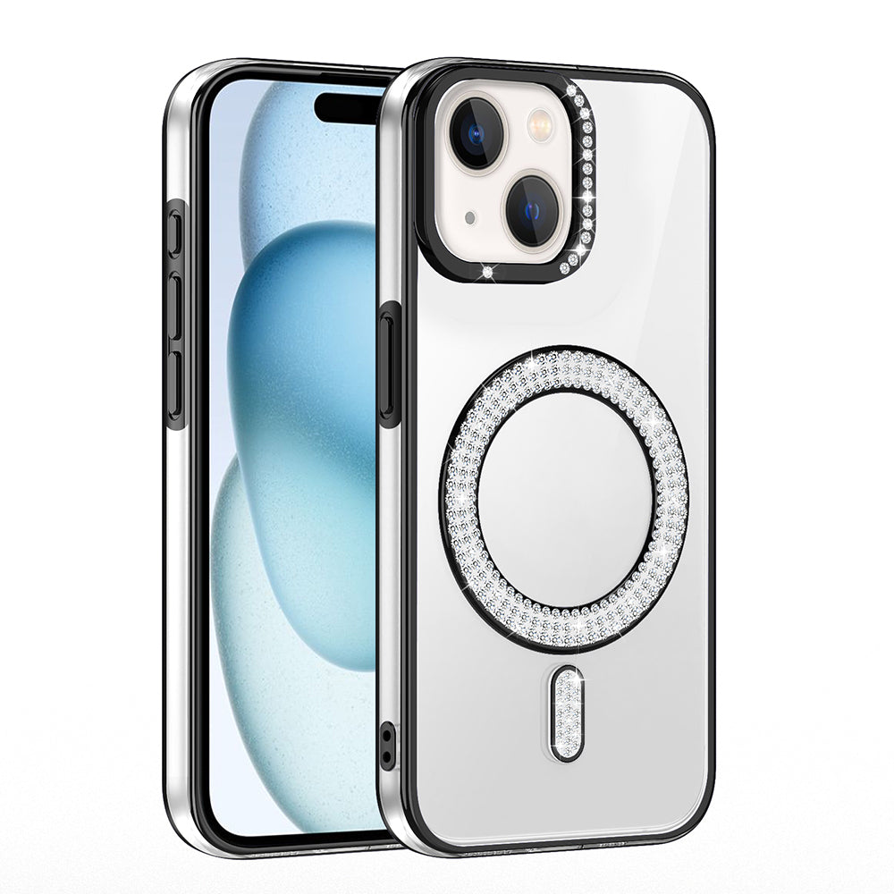 Apple iPhone 15 Kılıf Pırlanta Taş Tasarımlı M-safe Şarj Özellikli Zore Karetta Silikon Kapak Gümüş