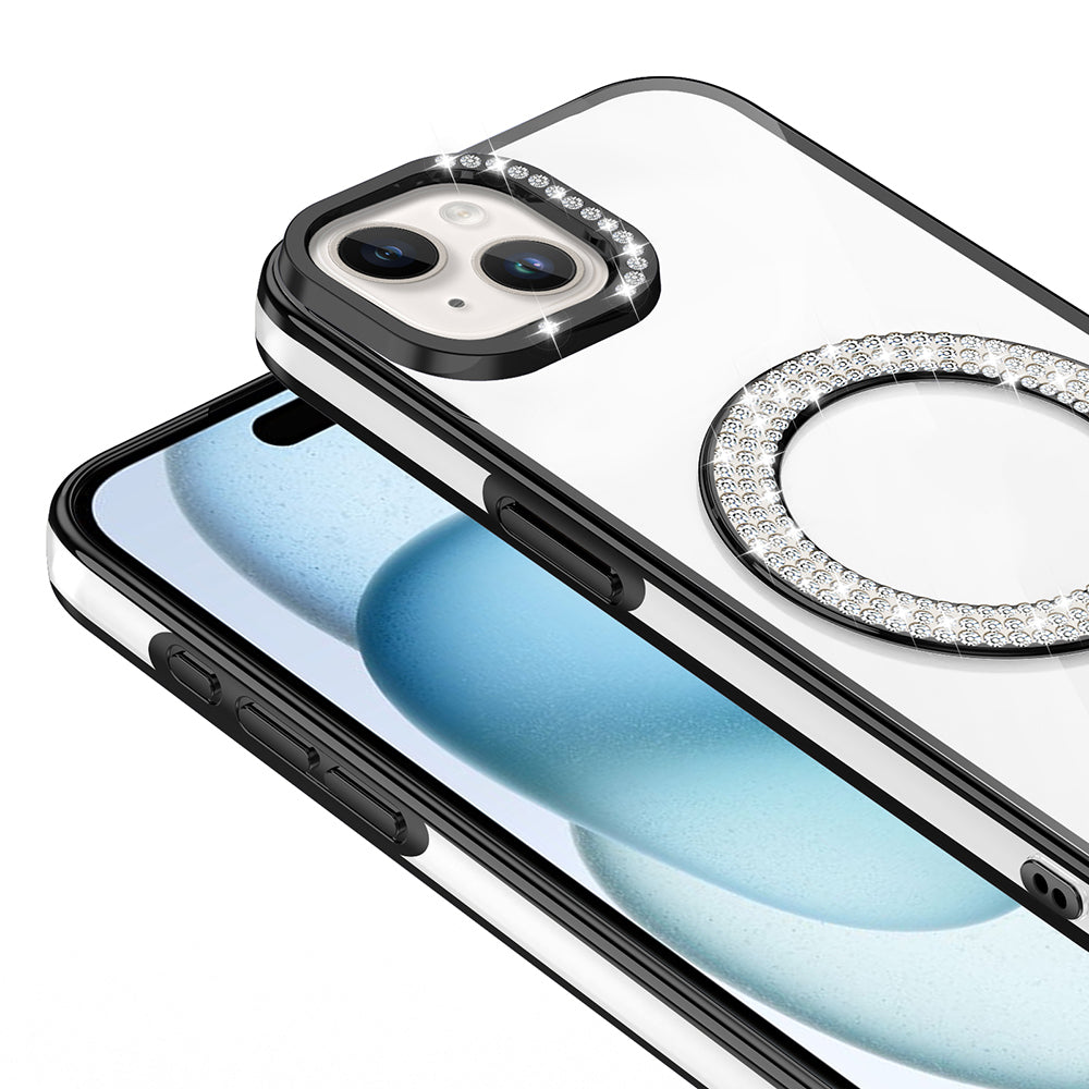 Apple iPhone 15 Kılıf Pırlanta Taş Tasarımlı M-safe Şarj Özellikli Zore Karetta Silikon Kapak Rose Gold