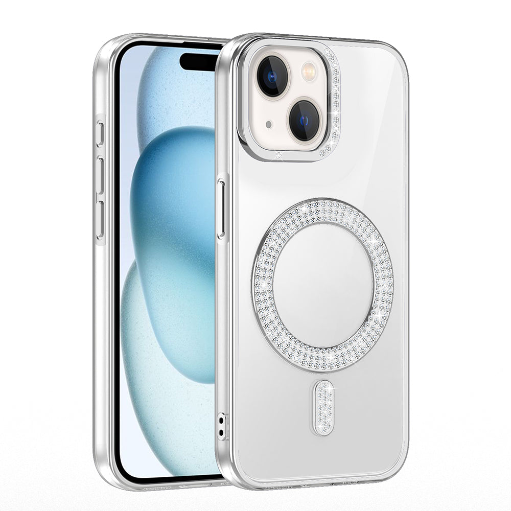 Apple iPhone 15 Kılıf Pırlanta Taş Tasarımlı M-safe Şarj Özellikli Zore Karetta Silikon Kapak Rose Gold