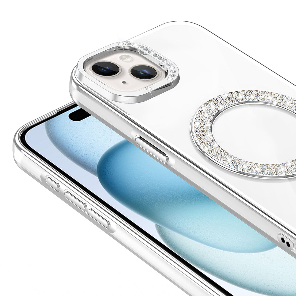 Apple iPhone 15 Kılıf Pırlanta Taş Tasarımlı M-safe Şarj Özellikli Zore Karetta Silikon Kapak Gold