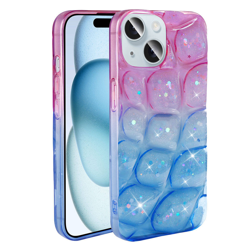 Apple iPhone 15 Kılıf Simli 3D Desenli Zore Hacar Kapak Pembe-Mor