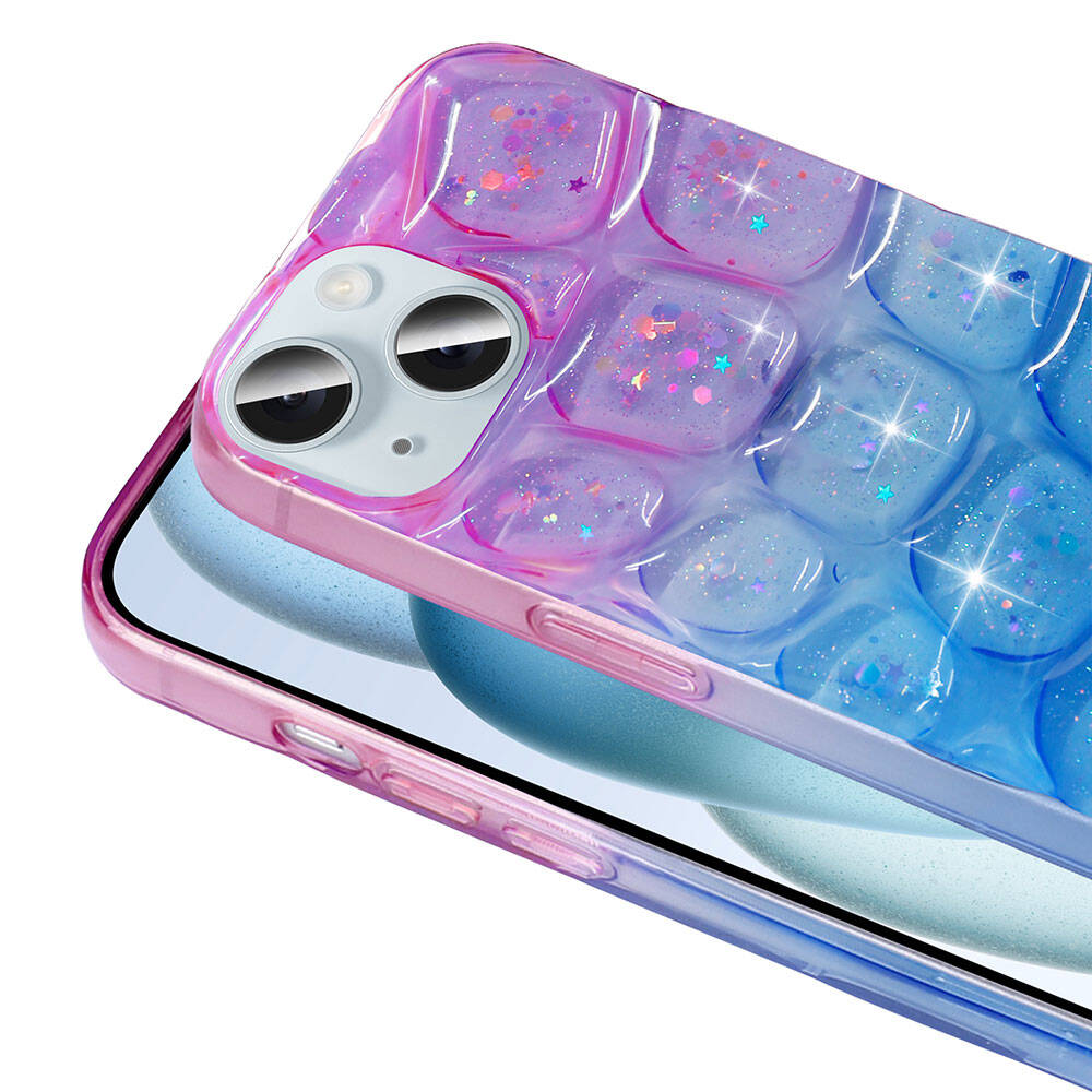 Apple iPhone 15 Kılıf Simli 3D Desenli Zore Hacar Kapak Pembe-Mor