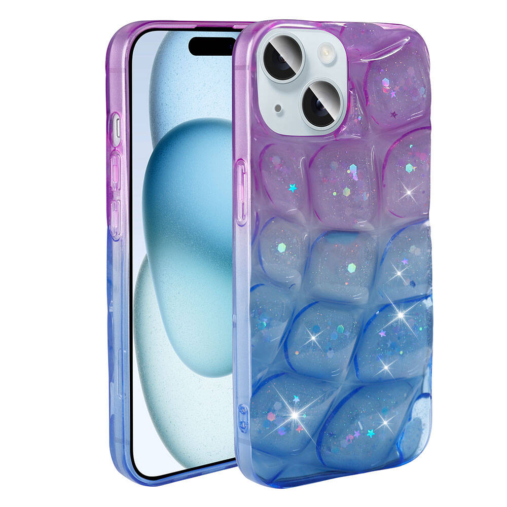 Apple iPhone 15 Kılıf Simli 3D Desenli Zore Hacar Kapak Mor-Mavi