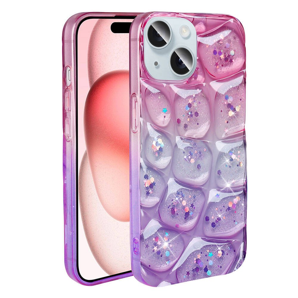 Apple iPhone 15 Kılıf Simli 3D Desenli Zore Hacar Kapak Mor-Mavi
