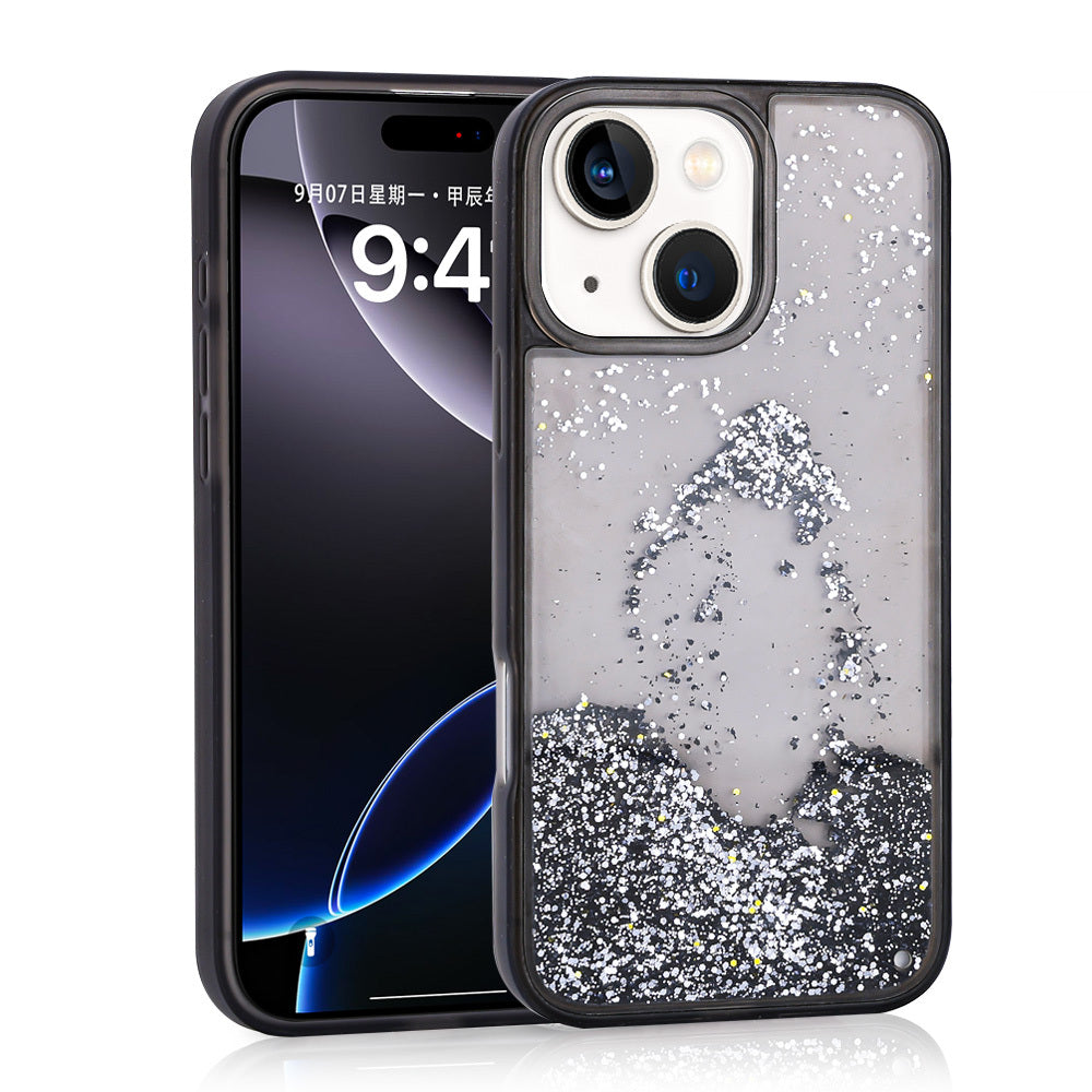 Apple iPhone 15 Kılıf Sıvılı Simli Şeffaf Arka Yüzey Zore Keto Silikon Kapak Pembe
