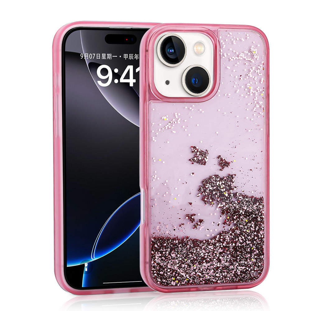 Apple iPhone 15 Kılıf Sıvılı Simli Şeffaf Arka Yüzey Zore Keto Silikon Kapak Pembe