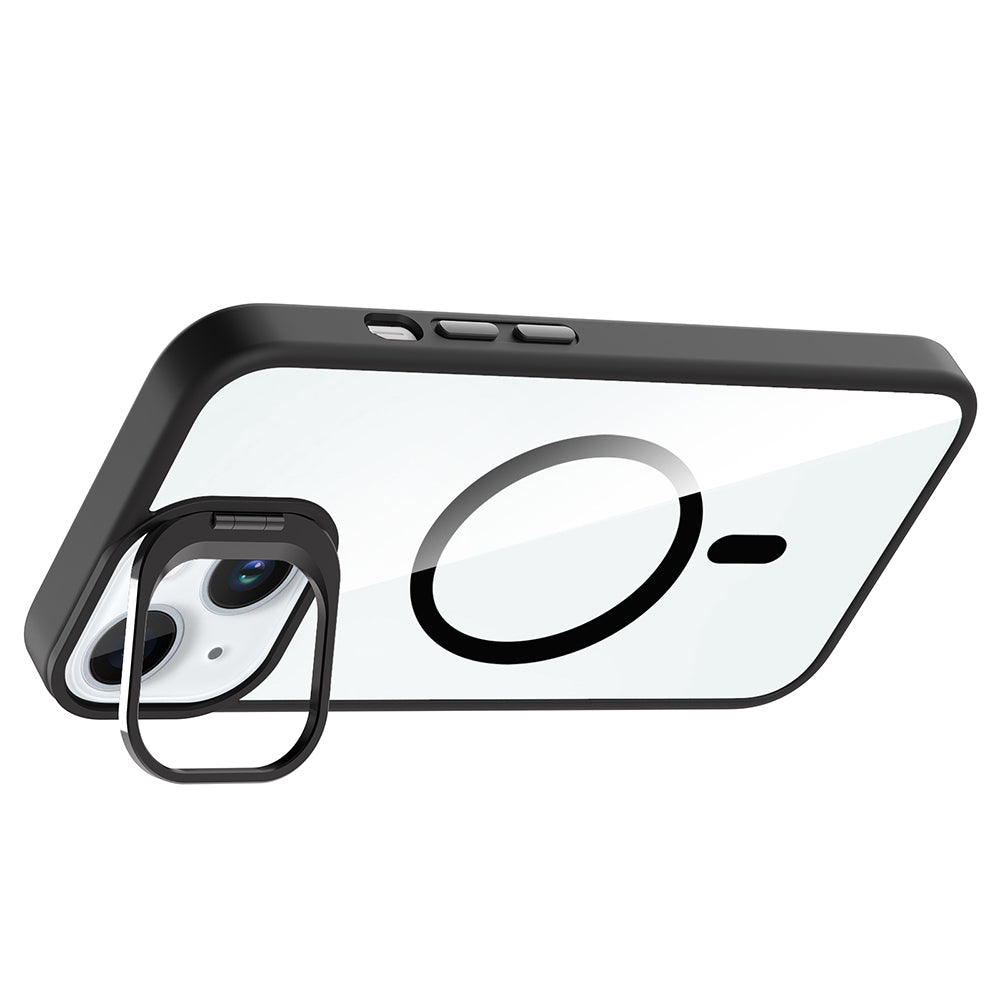 Apple iPhone 15 Kılıf Standlı ve Kamera Lens Hediyeli M-Safe Şarj Özellikli Zore Etro Kapak Siyah