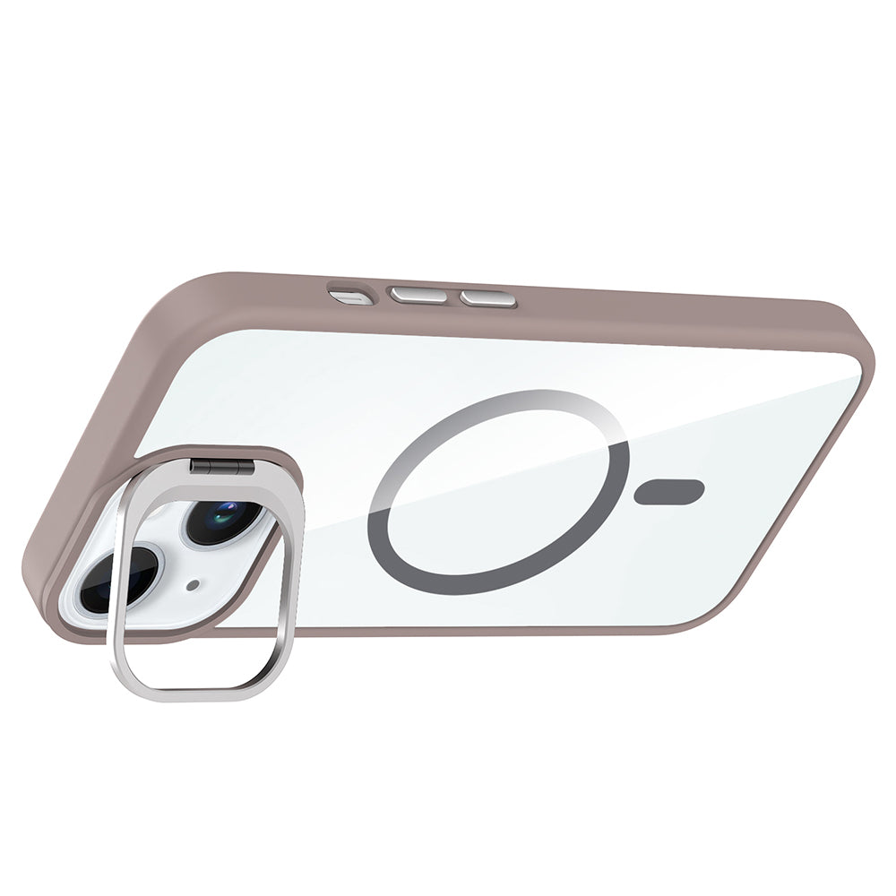 Apple iPhone 15 Kılıf Standlı ve Kamera Lens Hediyeli M-Safe Şarj Özellikli Zore Etro Kapak Derin Mor