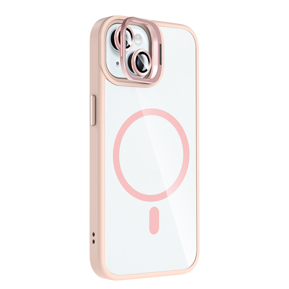 Apple iPhone 15 Kılıf Standlı ve Kamera Lens Hediyeli M-Safe Şarj Özellikli Zore Etro Kapak Gri