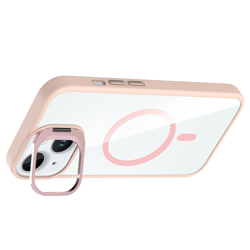 Apple iPhone 15 Kılıf Standlı ve Kamera Lens Hediyeli M-Safe Şarj Özellikli Zore Etro Kapak Gri