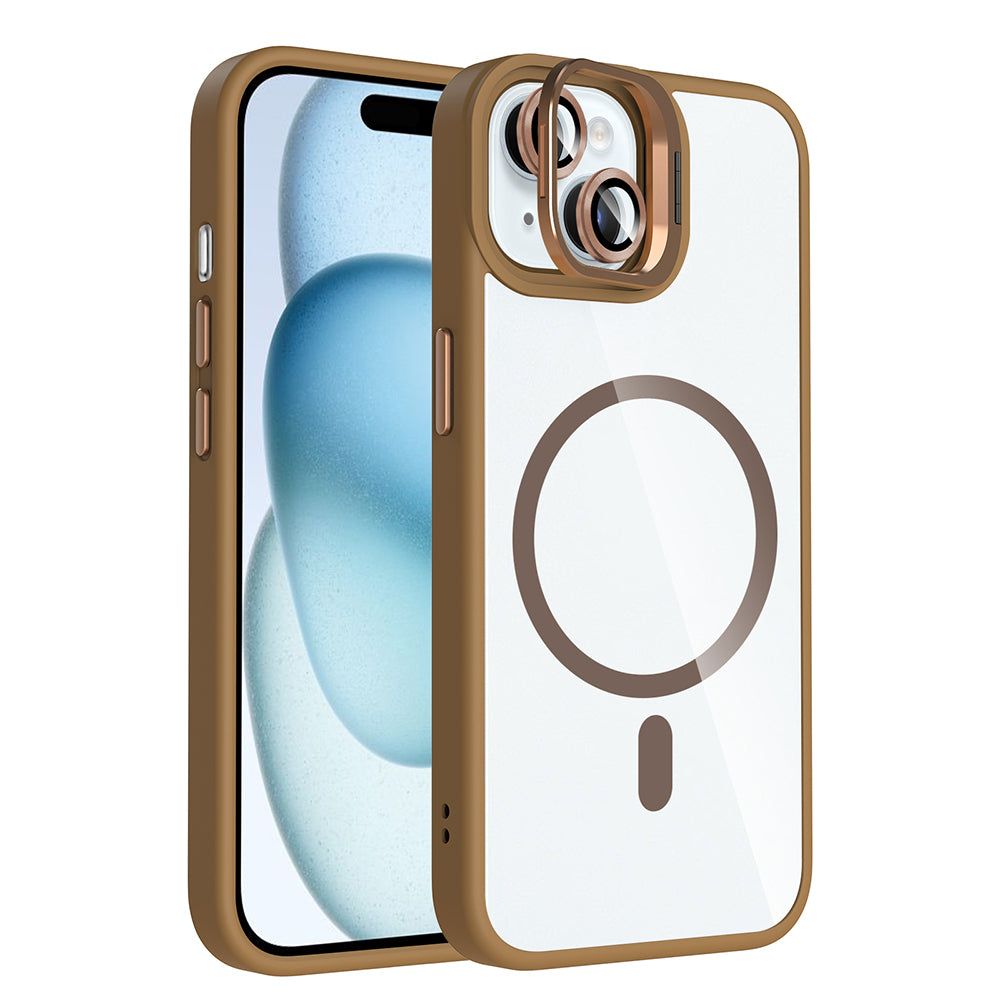 Apple iPhone 15 Kılıf Standlı ve Kamera Lens Hediyeli M-Safe Şarj Özellikli Zore Etro Kapak Derin Mor