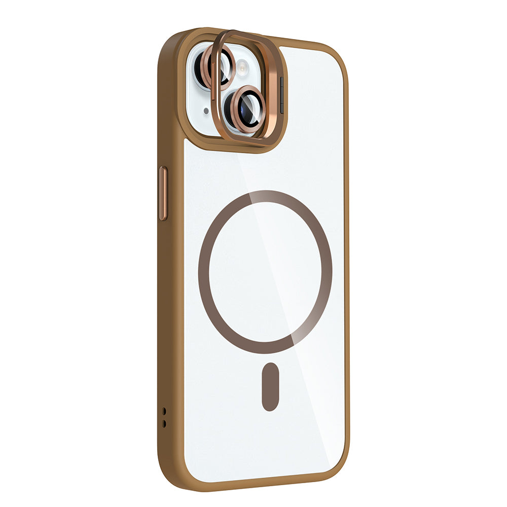Apple iPhone 15 Kılıf Standlı ve Kamera Lens Hediyeli M-Safe Şarj Özellikli Zore Etro Kapak Gri