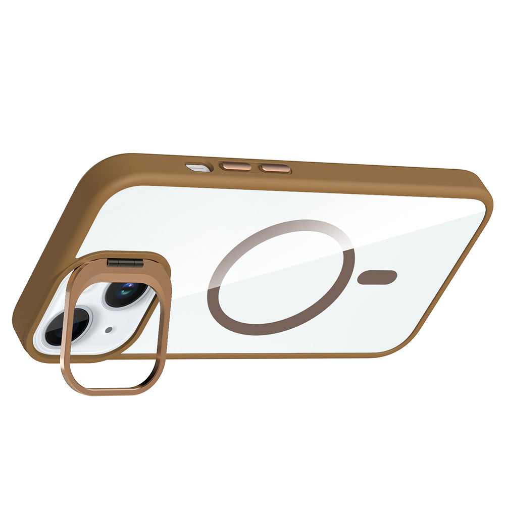 Apple iPhone 15 Kılıf Standlı ve Kamera Lens Hediyeli M-Safe Şarj Özellikli Zore Etro Kapak Pembe