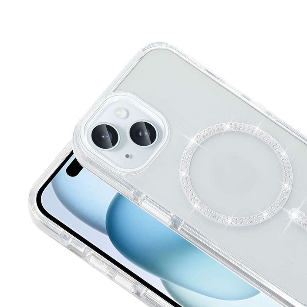 Apple iPhone 15 Kılıf Taşlı Tasarım M-safe Şarj Özellikli Zore Koment Silikon Kapak Gümüş
