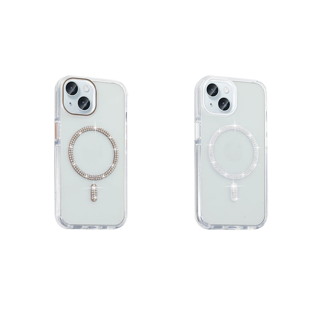 Apple iPhone 15 Kılıf Taşlı Tasarım M-safe Şarj Özellikli Zore Koment Silikon Kapak Gümüş